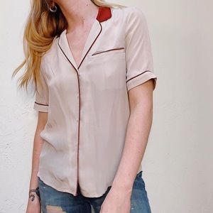 Capulet Company Nude Blouse with Burgundy Trim